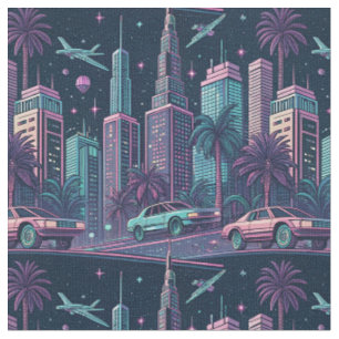 Retro Futuristic Neon Synthwave Cyber City Pattern Fabric