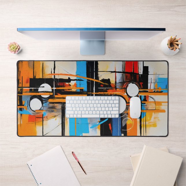 Retro Futuristic Orange Blue Abstract Line Art Desk Mat (Office 1)