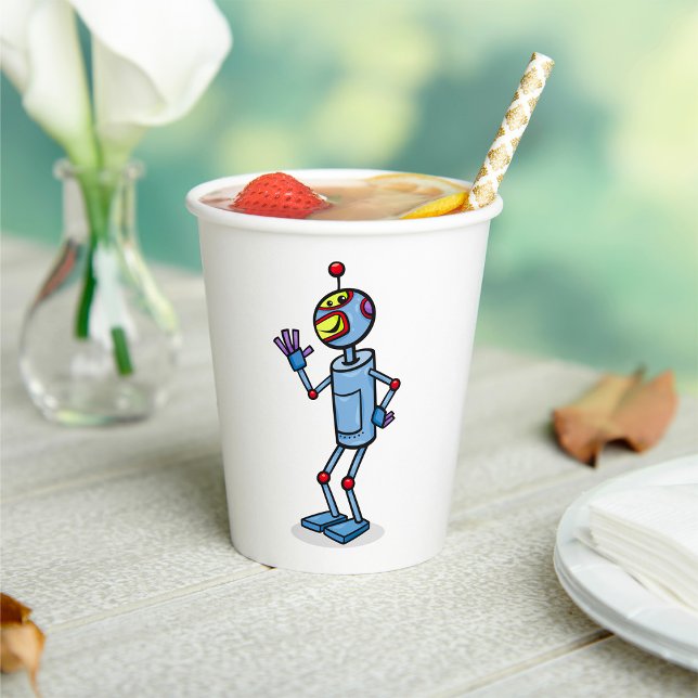 Retro Futuristic Robot Character Waving Paper Cups (Creator Uploaded)
