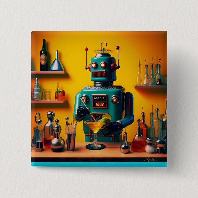 Retro Futuristic Robot ROBIA 12J2 Mixologist 2 Inch Square Button (Front)