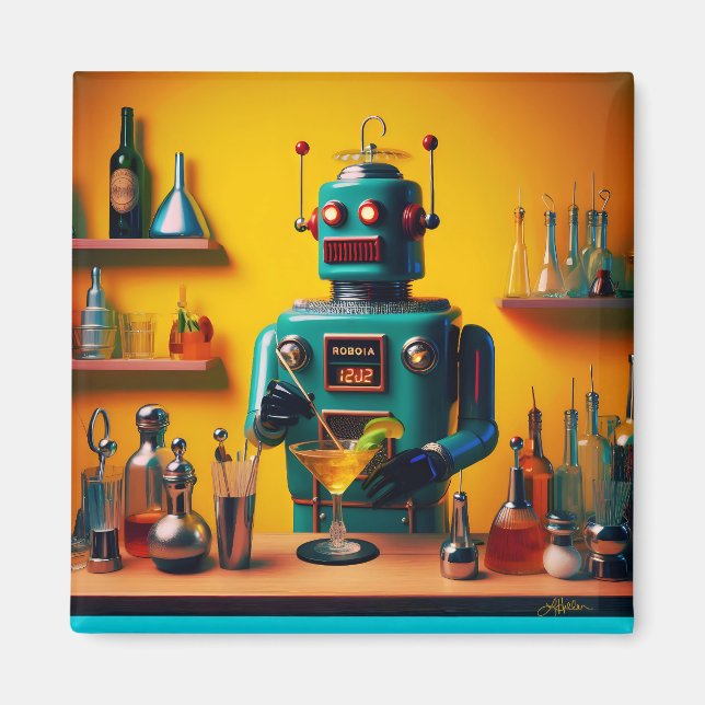 Retro Futuristic Robot ROBIA 12J2 Mixologist Magnet (Front)