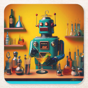Retro Futuristic Robot ROBIA 12J2 Mixologist Square Paper Coaster