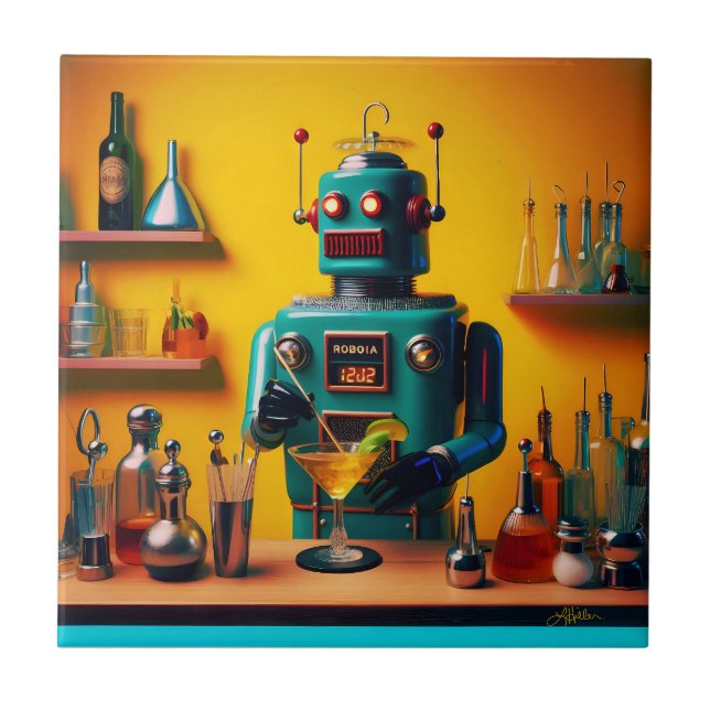 Retro Futuristic Robot ROBIA 12J2 Mixologist Tile (Front)