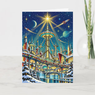 Retro Futuristic Space Age Christmas City Holiday Card