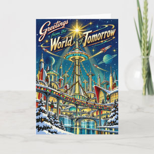 Retro Futuristic Space Age Christmas City Holiday Card