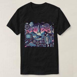 Retro Futuristic Space Illustration with Rockets T-Shirt