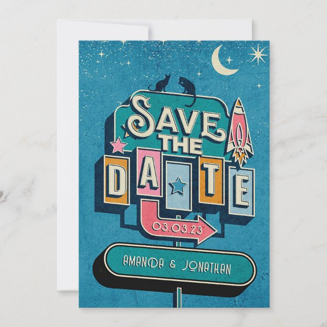 Retro Futuristic Wedding Sign Save The Date (Front)