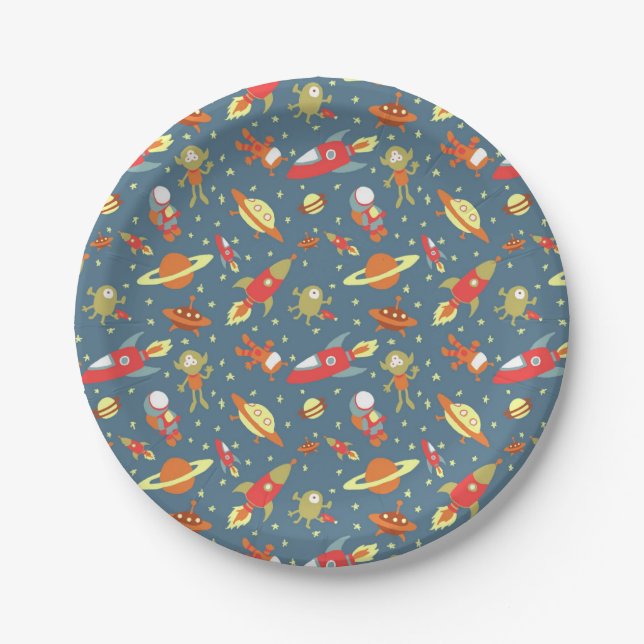Retro Galaxy Outer Space-themed Party Paper Plate (Front)