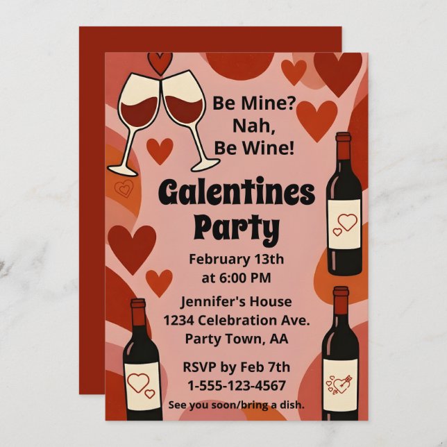Retro Galentine Be Wine Fun Party Personalized Invitation (Front/Back)