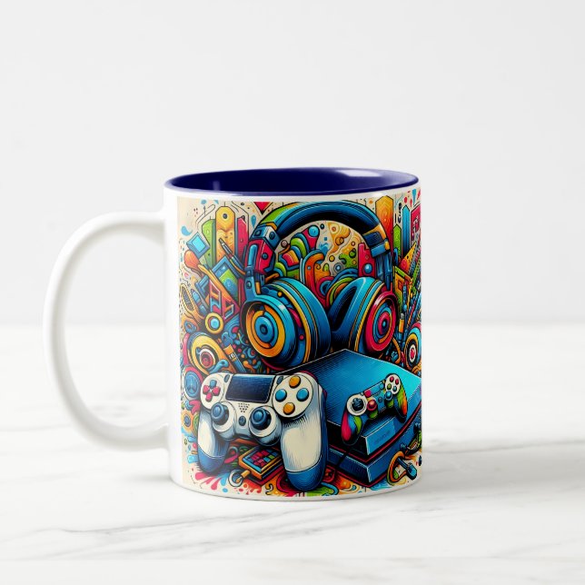 Retro Game Console and Headphones Two-Tone Coffee Mug (Left)