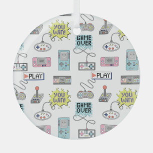 Retro Game Controllers: Colourful Seamless Pattern Glass Ornament