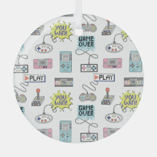 Retro Game Controllers: Colourful Seamless Pattern Glass Ornament