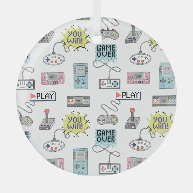 Retro Game Controllers: Colourful Seamless Pattern Glass Ornament (Front)