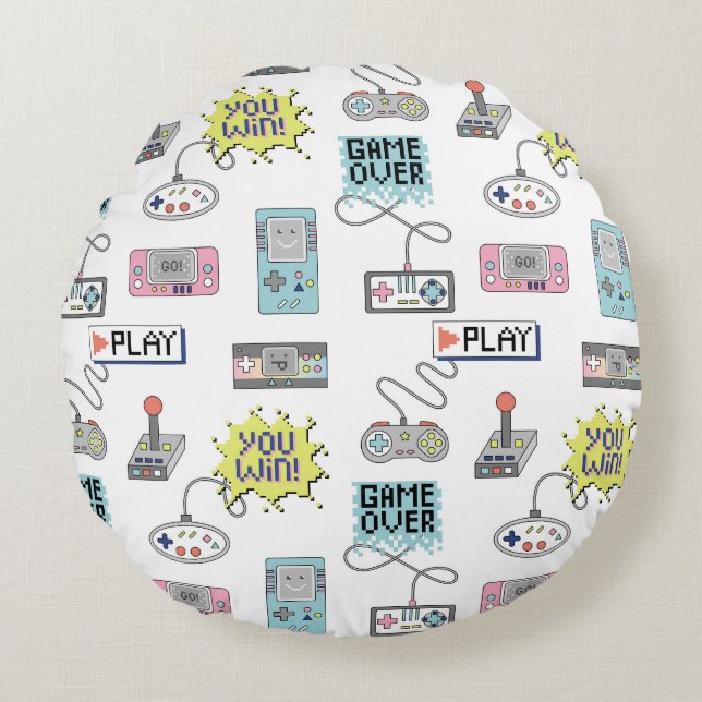 Retro Game Controllers: Colourful Seamless Pattern Round Pillow (Front)