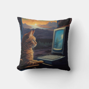 Retro Gamer Cat   8-Bit Pixel Art Gaming Throw Pillow