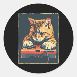 Retro Gamer Cat Having Fun Gaming Console For Game Classic Round Sticker