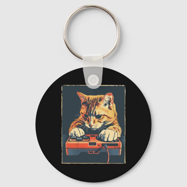 Retro Gamer Cat Having Fun Gaming Console For Game Keychain (Front)