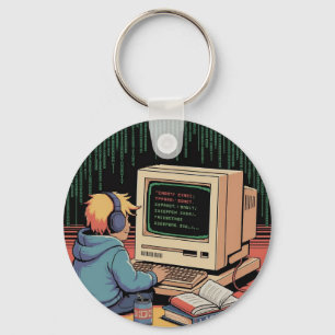 Retro Gamer Kid on Vintage Computer Pixel Art Keychain