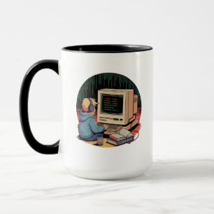 Retro Gamer Kid on Vintage Computer Pixel Art Mug