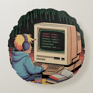 Retro Gamer Kid on Vintage Computer Pixel Art Round Pillow