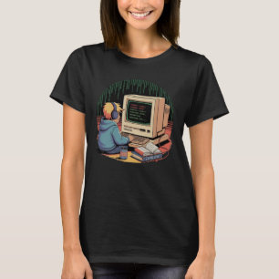 Retro Gamer Kid on Vintage Computer Pixel Art T-Shirt