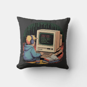 Retro Gamer Kid on Vintage Computer Pixel Art Throw Pillow