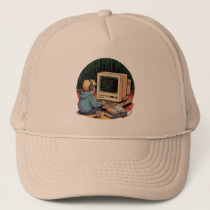 Retro Gamer Kid on Vintage Computer Pixel Art Trucker Hat