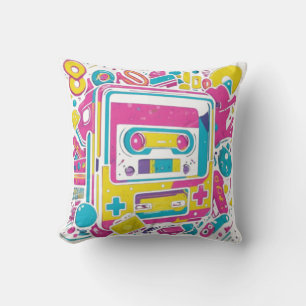Retro Gamer Pillow – Neon Cassette Gaming Cushion