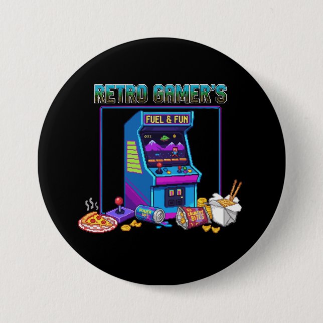  Retro Gamer's Fuel & Fun | 8-Bit Pixel Art Arcade 3 Inch Round Button (Front)