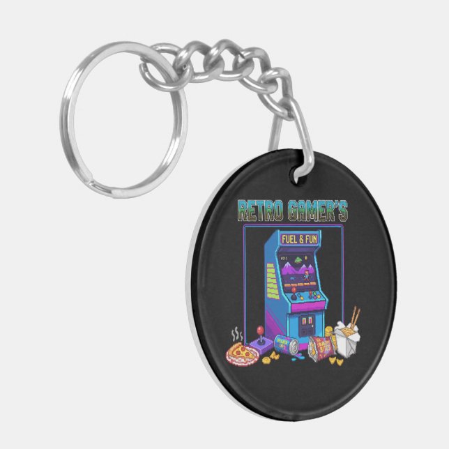  Retro Gamer's Fuel & Fun | 8-Bit Pixel Art Arcade Keychain (Front Left)