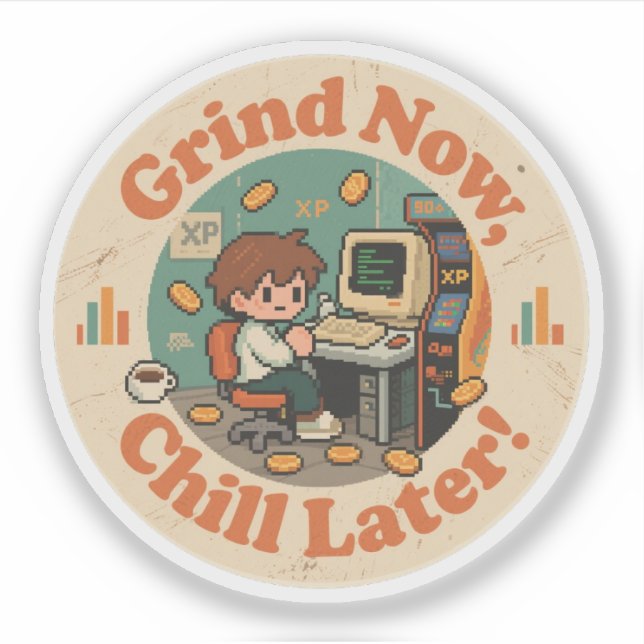 Retro Gaming Desk Character Artwork – Work to Play (Front)