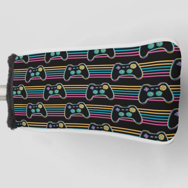 Retro Gaming Geek Gamer 80s neon colours Golf Head Cover (Front)
