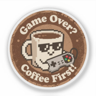 Retro Gaming Humour "Coffee First!" & "Game Over?"