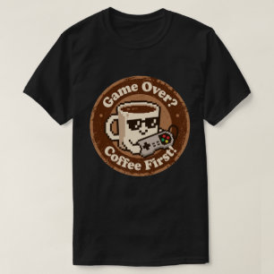 Retro Gaming Humour "Coffee First!" & "Game Over?" T-Shirt