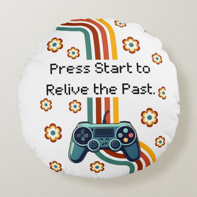Retro Gaming Illustration – Teal Controller with F Round Pillow (Front)