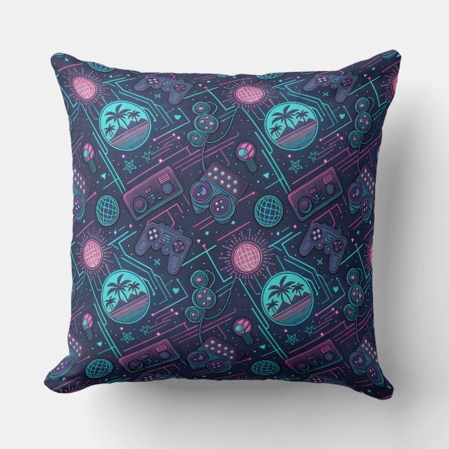 Retro Gaming, Neon Gamer Decor, Gaming Room Throw Pillow (Front)