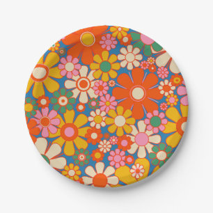 Retro Garden Colourful 60s 70s Floral Pattern  Paper Plate
