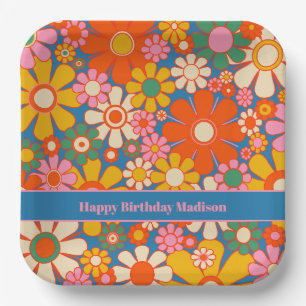 Retro Garden Colourful 60s 70s Floral Pattern Paper Plate