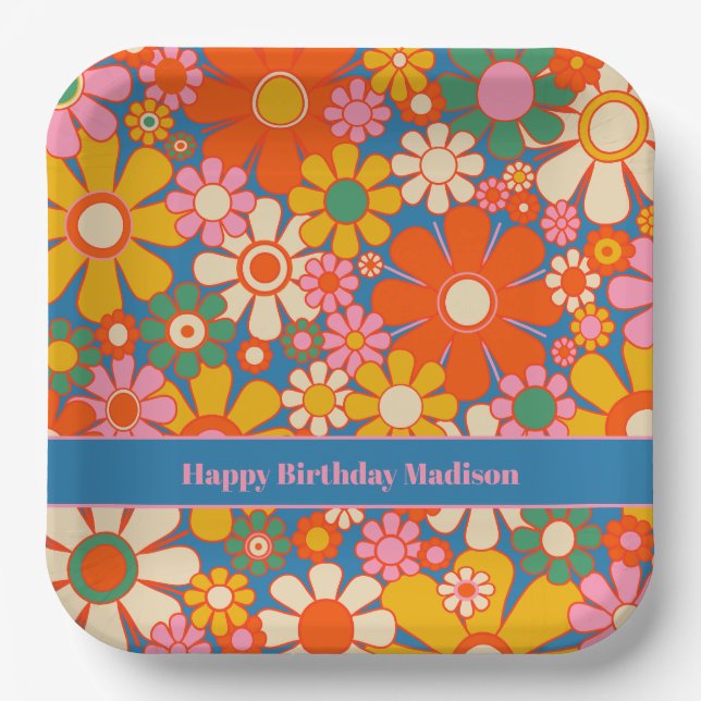 Retro Garden Colourful 60s 70s Floral Pattern Paper Plate (Front)