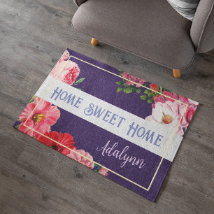 Retro Garden Custom Greeting Name Violet Purple Doormat