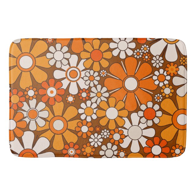 Retro Garden Floral 60s 70s Pattern Brown & Orange Bath Mat (Front)