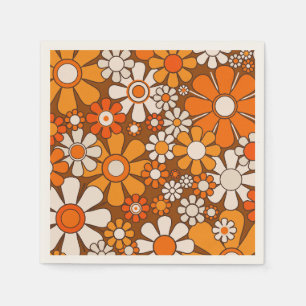 Retro Garden Floral 60s 70s Pattern Brown & Orange Napkin