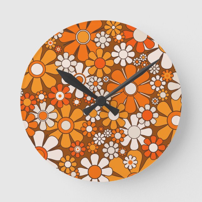 Retro Garden Floral 60s 70s Pattern Brown & Orange Round Clock (Front)