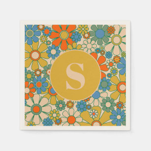 Retro Garden Floral 60s 70s Pattern Initial Napkin