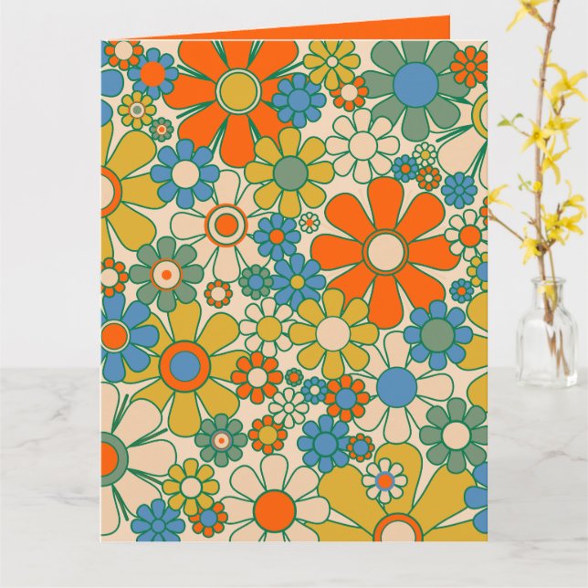 Retro Garden Floral 60s 70s Pattern Orange Card (Yellow Flower)