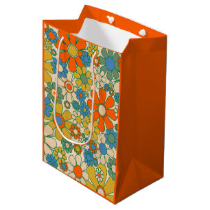 Retro Garden Floral 60s 70s Pattern Orange Medium Gift Bag