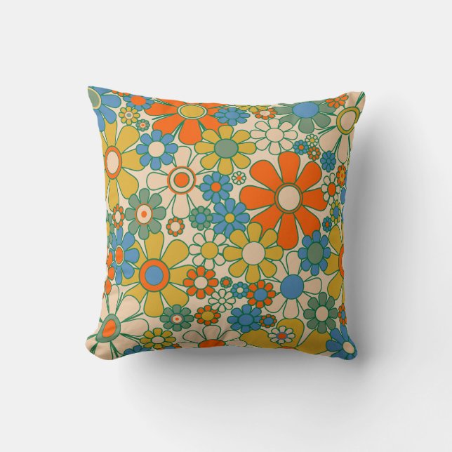 Retro Garden Floral 60s 70s Pattern Throw Pillow (Front)