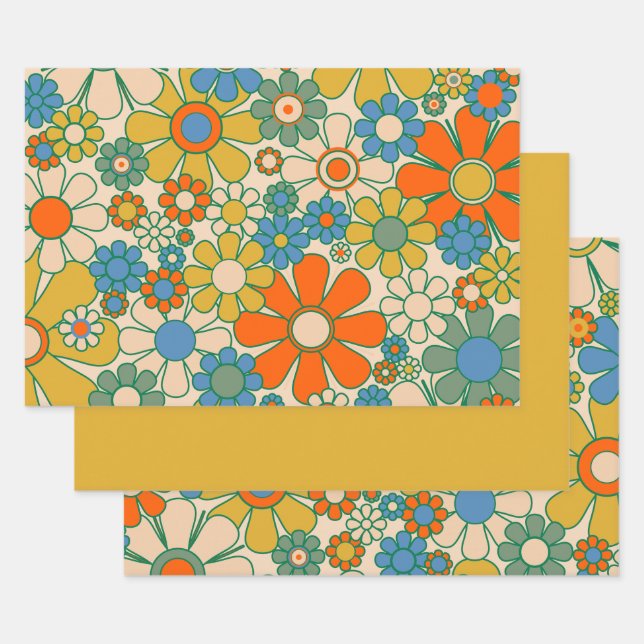 Retro Garden Floral 60s 70s Pattern Wrapping Paper Sheet (Set)
