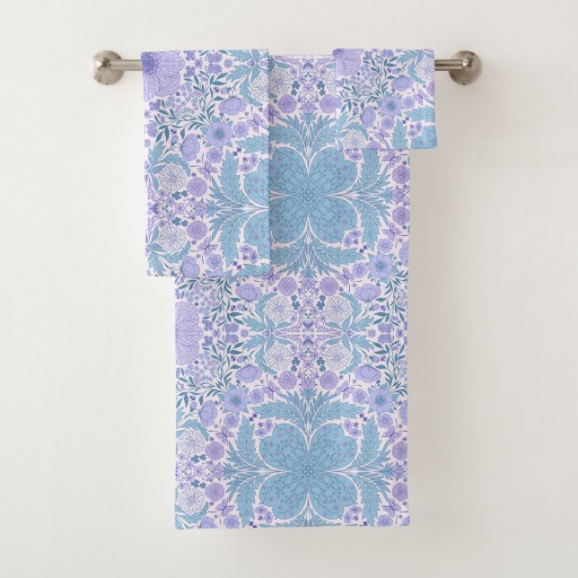 Retro garden florals in blue and violet bath towel set (Insitu)
