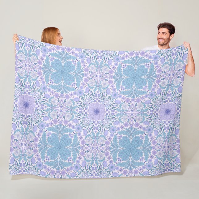 Retro garden florals in blue and violet fleece blanket (In Situ)